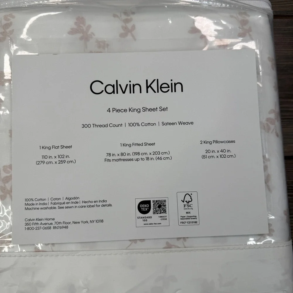 Calvin Klein King 4pc Sheet Set White Pink Shaded Foliage Cotton Sateen NEW